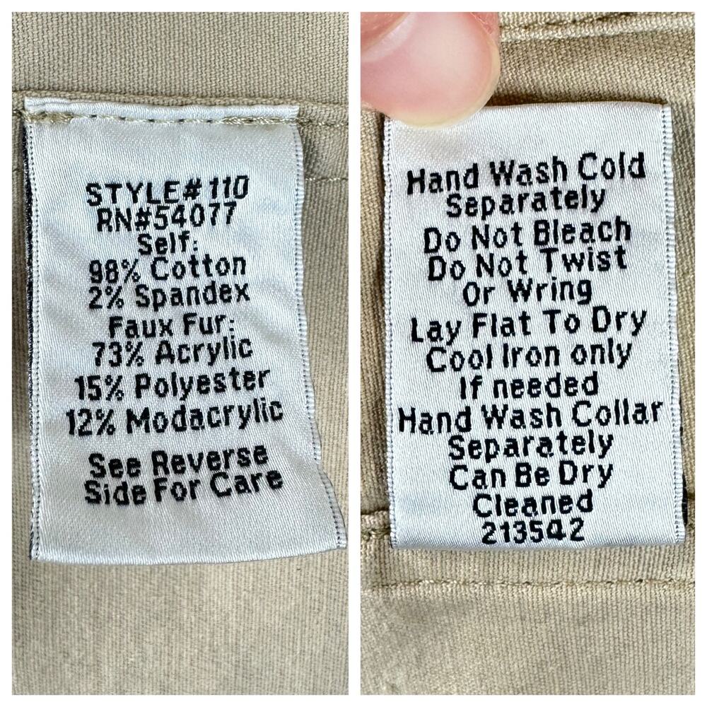 CAbi Nanook Tan Cotton Twill Utility Jacket Lightweight Faux Fur Hood Size Small - Picture 12 of 13